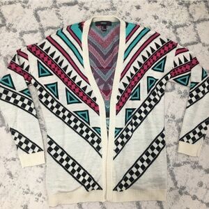 Forever 21 Cardigan Sweater L Large beige pink teal checkered​​​